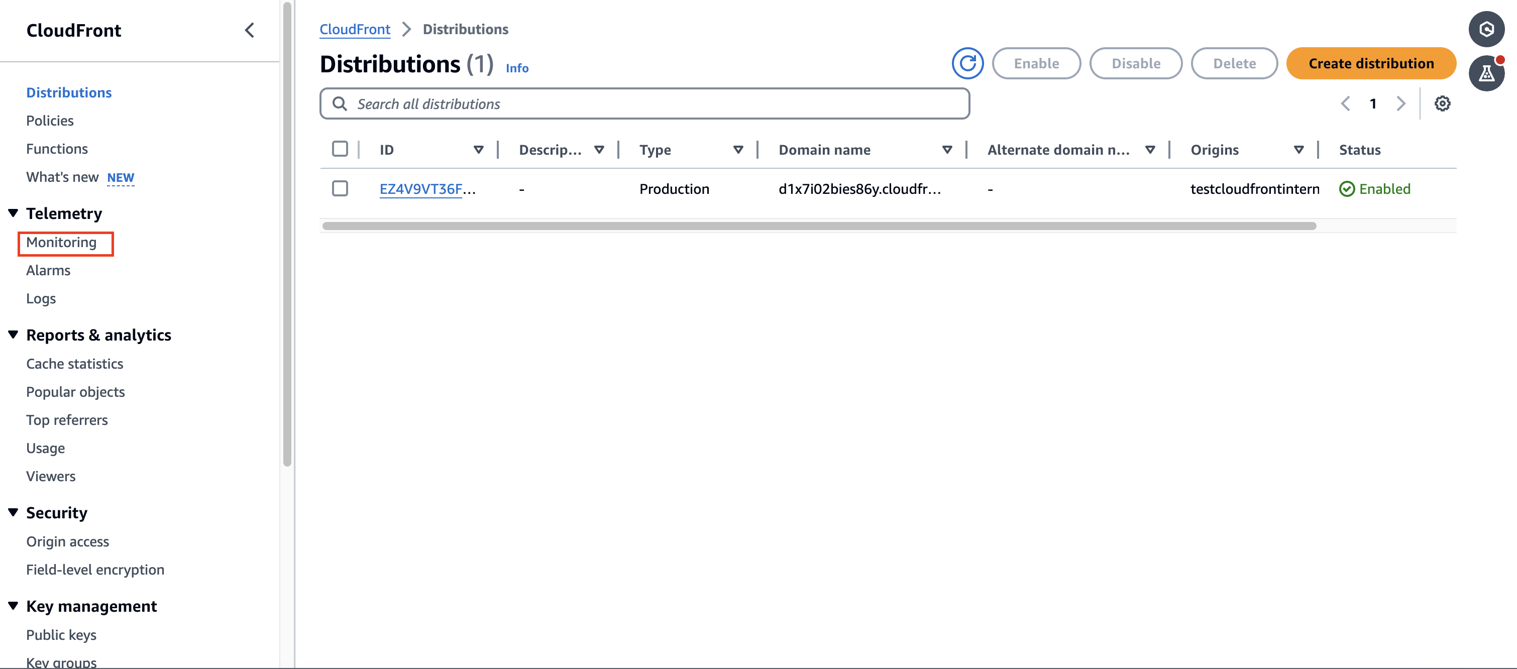  Screenshot of the CloudFront console Distributions page.